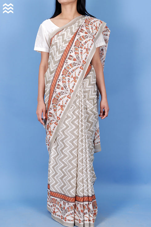 Mulmul Cotton Saree With Fall In Zigzag Block Print